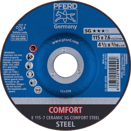 Pferd 60150 4-1/2in x 5/16in Grinding Wheel, 7/8in AH CERAMIC SG COMFORT STEEL, Type 27 60150-PFERD